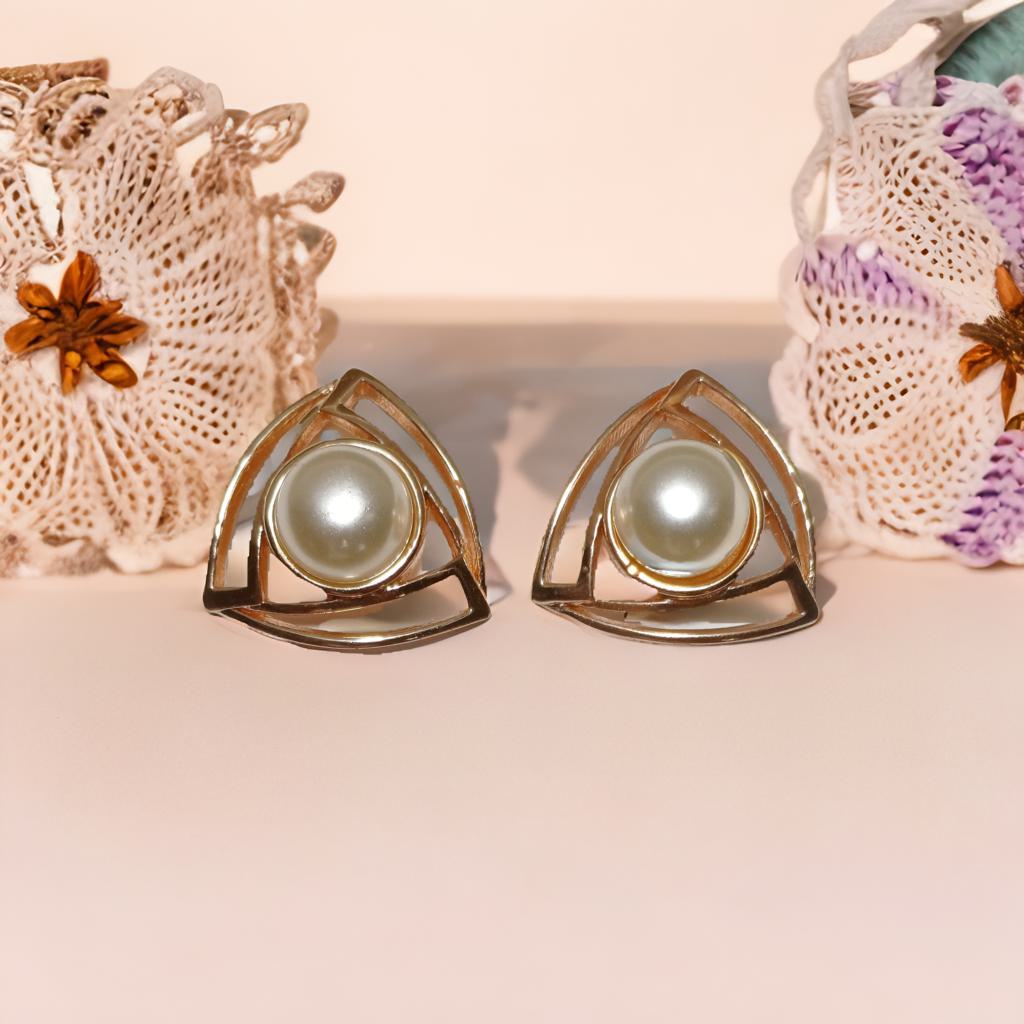 Twin Triangle Pearl Studs - Rose Gold