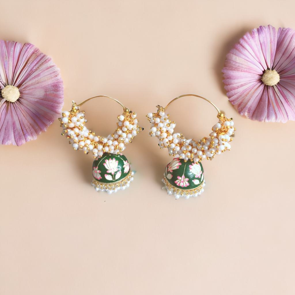 Meenakari double bead jhumka - Green
