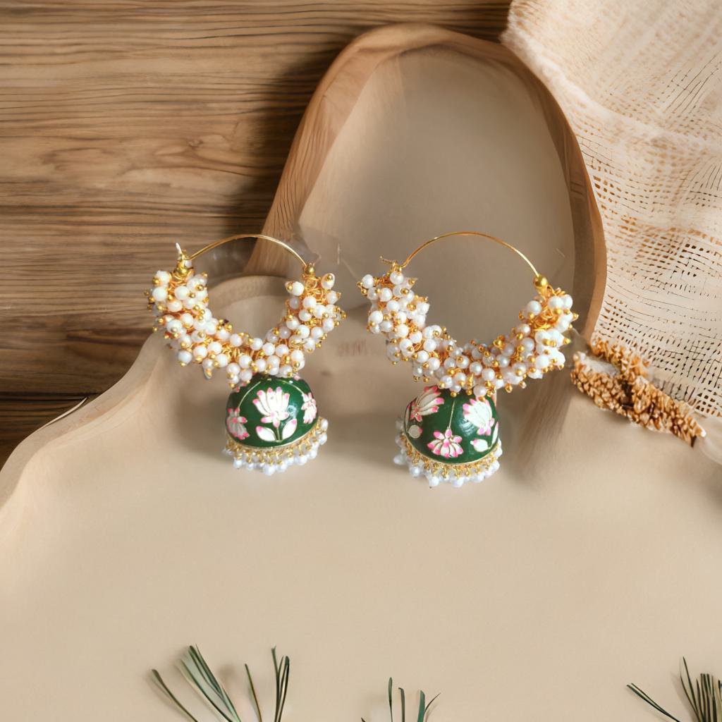 Meenakari double bead jhumka - Green