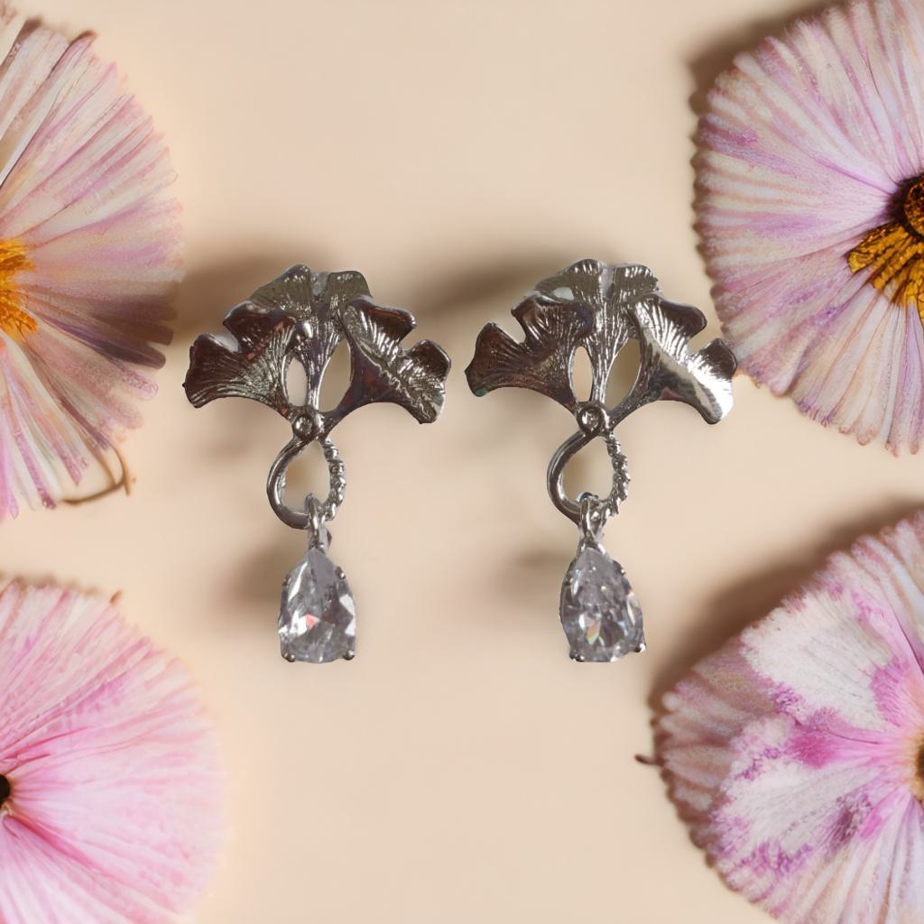 Ginkgo Leaf Drop Earrings - Silver