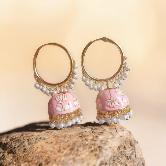 Meenakari hoop jhumkas - Pink