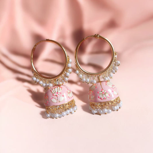 Meenakari hoop jhumkas - Pink