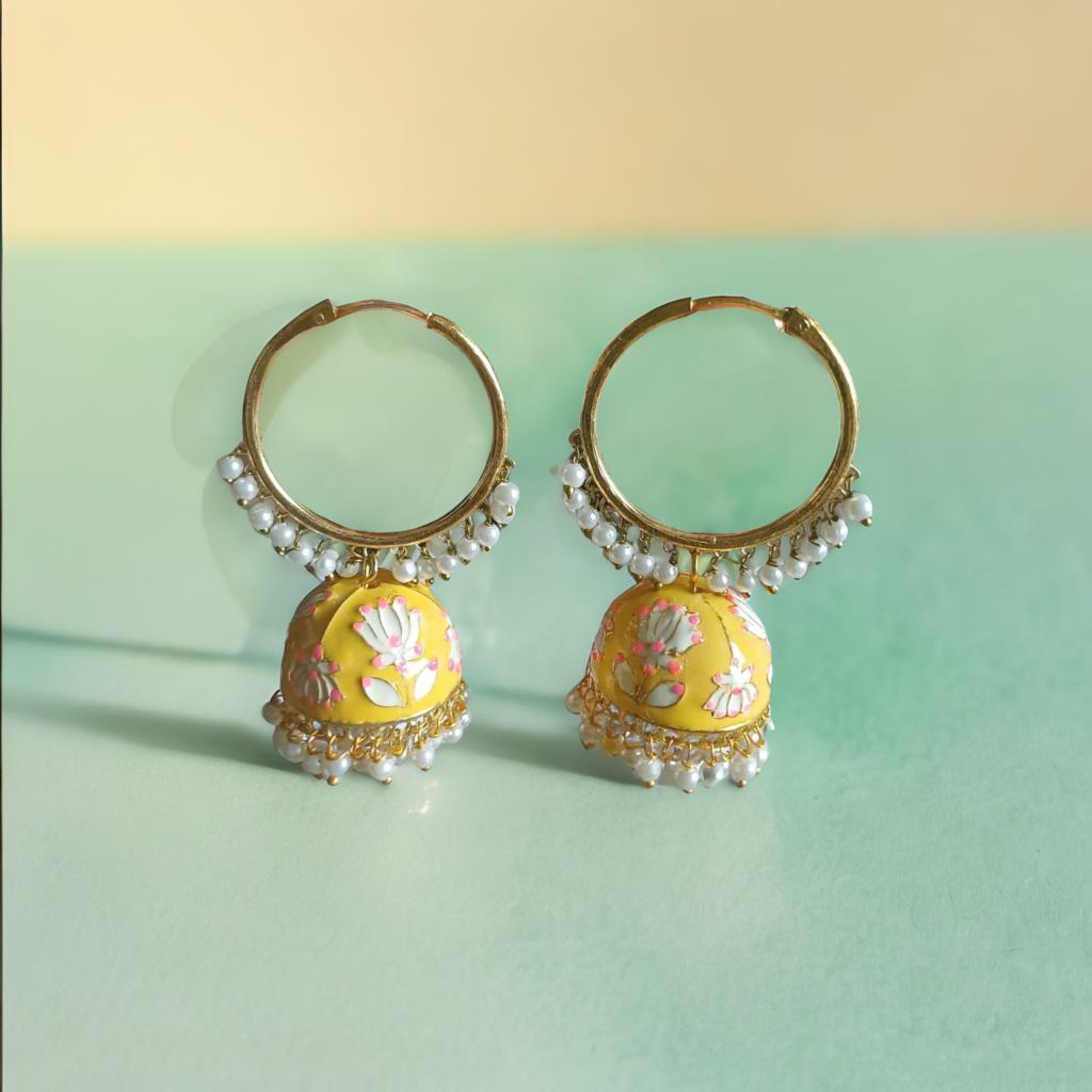 Meenakari hoop jhumkas - Yellow