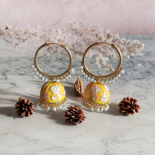 Meenakari hoop jhumkas - Yellow