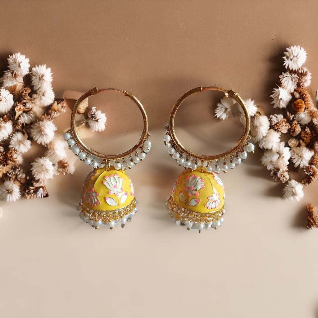 Meenakari hoop jhumkas - Yellow