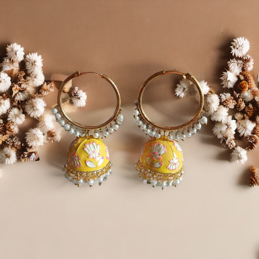 Meenakari hoop jhumkas - Yellow