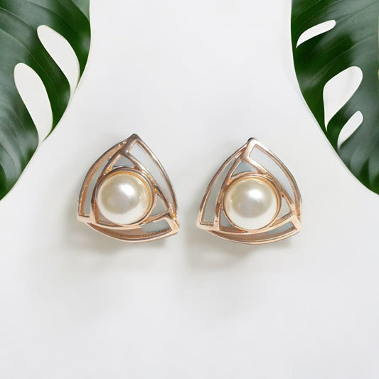 Twin Triangle Pearl Studs - Rose Gold