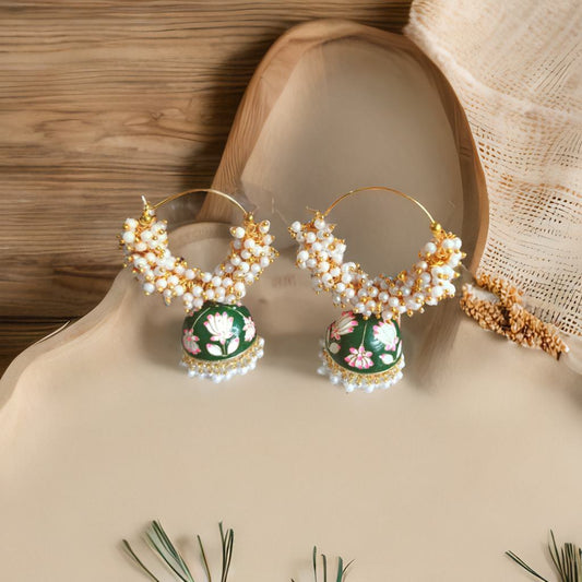 Meenakari double bead jhumka - Green