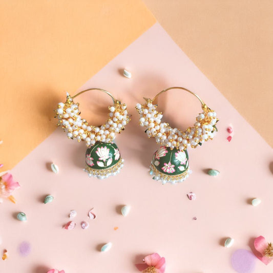 Meenakari double bead jhumka - Green