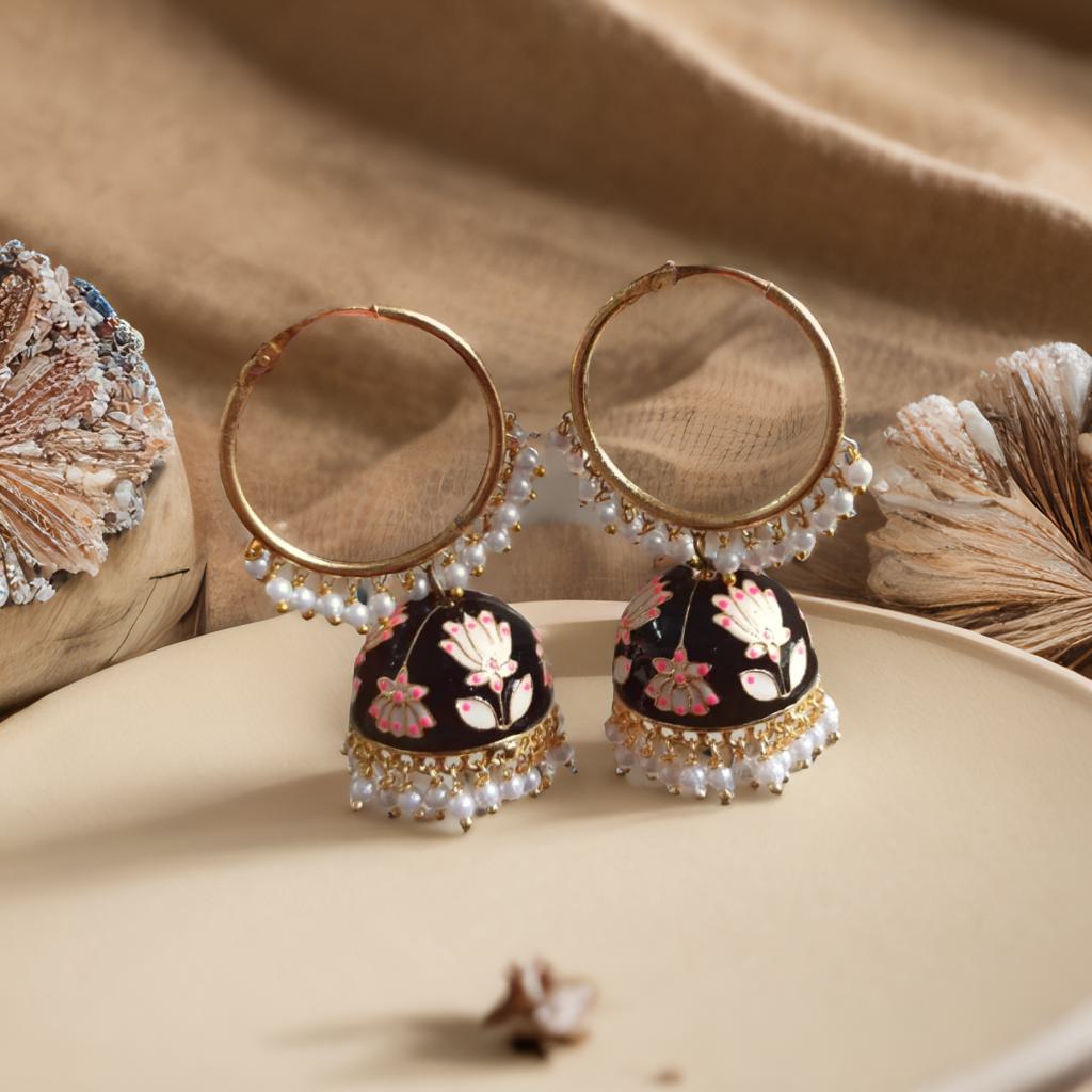 Meenakari hoop jhumkas - Black