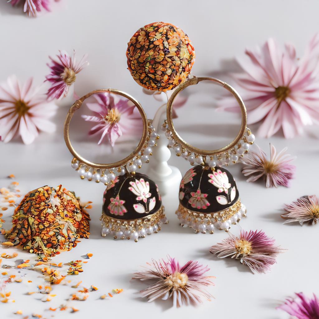 Meenakari hoop jhumkas - Black