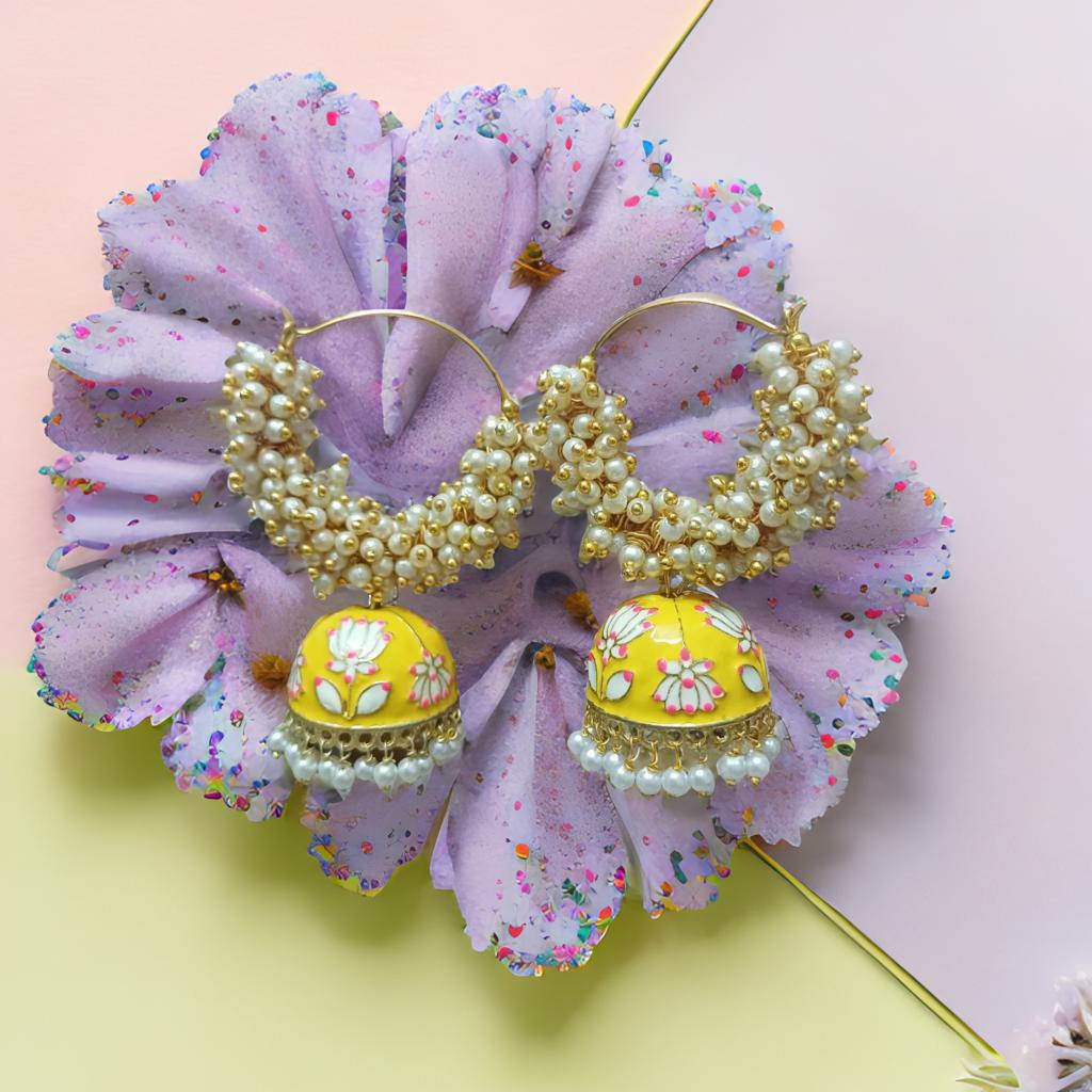 Meenakari double bead jhumka - Yellow