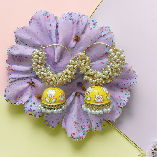 Meenakari double bead jhumka - Yellow