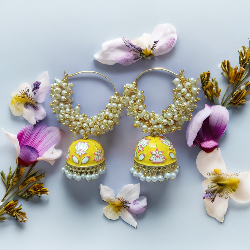 Meenakari double bead jhumka - Yellow