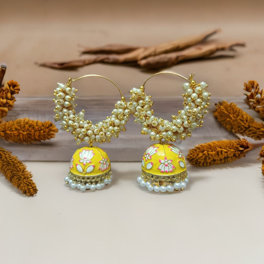 Meenakari double bead jhumka - Yellow