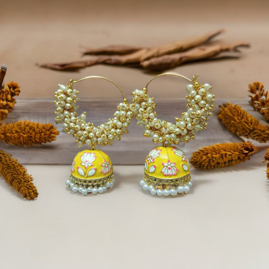 Meenakari double bead jhumka - Yellow
