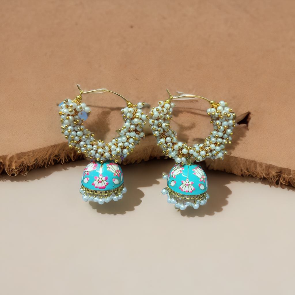Meenakari double bead jhumka - Blue