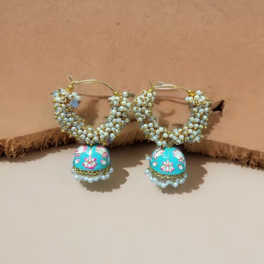 Meenakari double bead jhumka - Blue