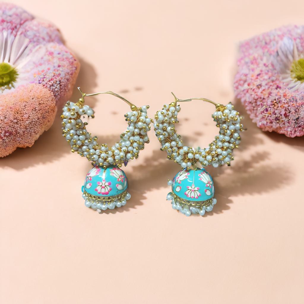 Meenakari double bead jhumka - Blue
