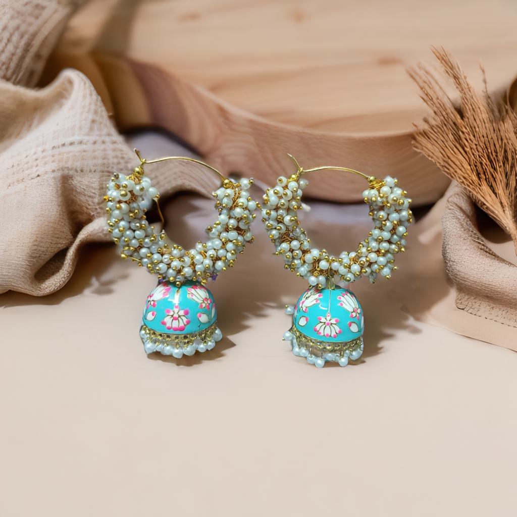 Meenakari double bead jhumka - Blue