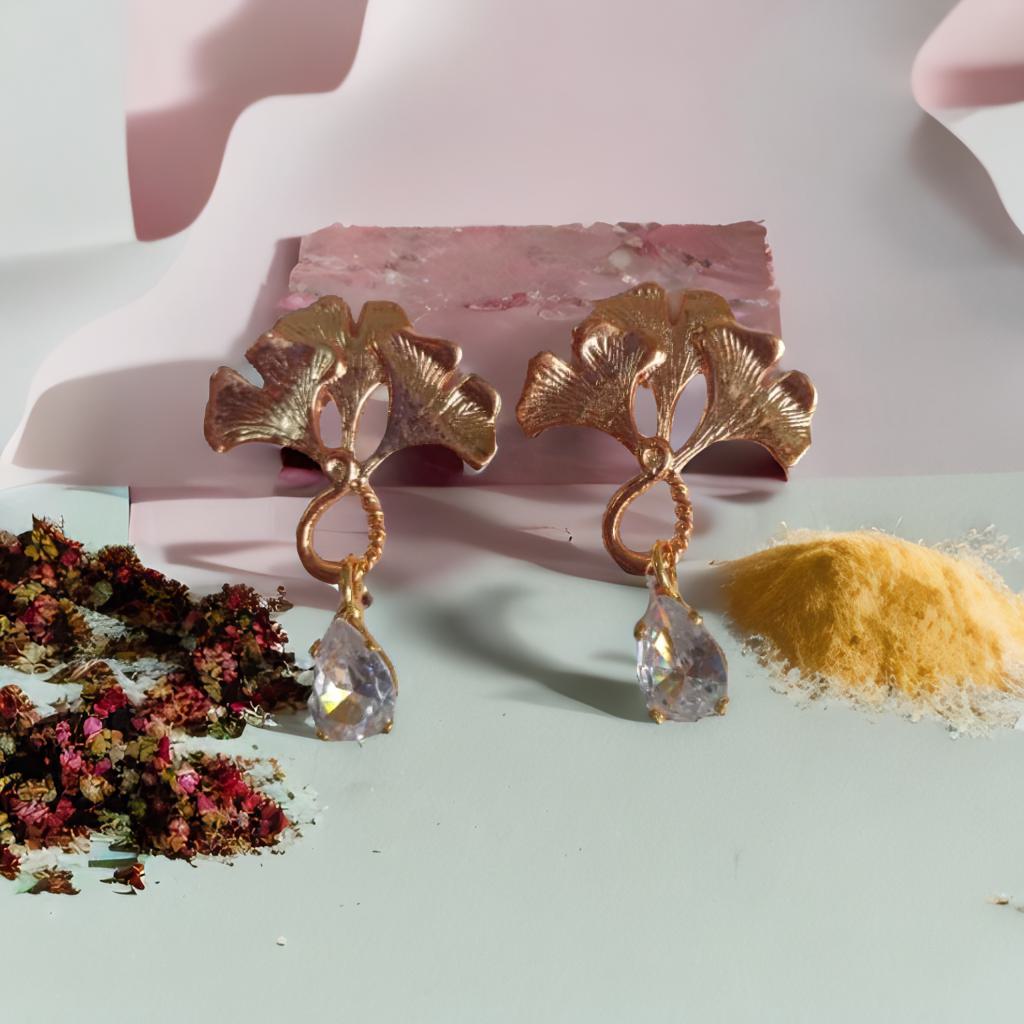 Ginkgo Leaf Drop Earrings - Rose Gold
