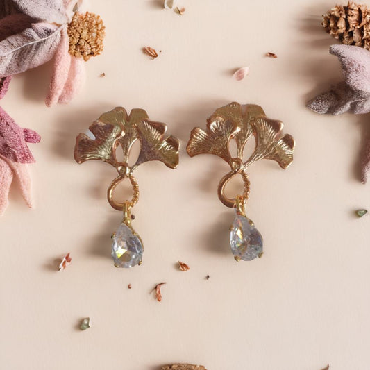 Ginkgo Leaf Drop Earrings - Rose Gold