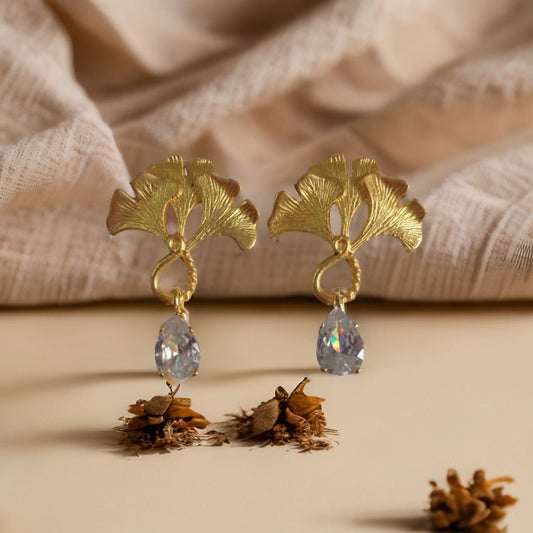 Ginkgo Leaf Drop Earrings - Golden