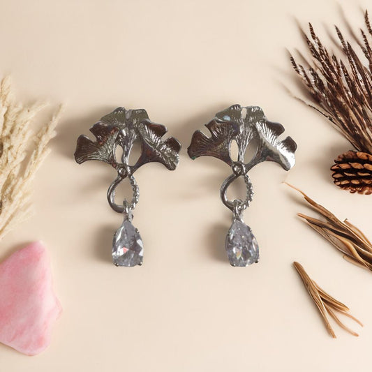 Ginkgo Leaf Drop Earrings - Silver