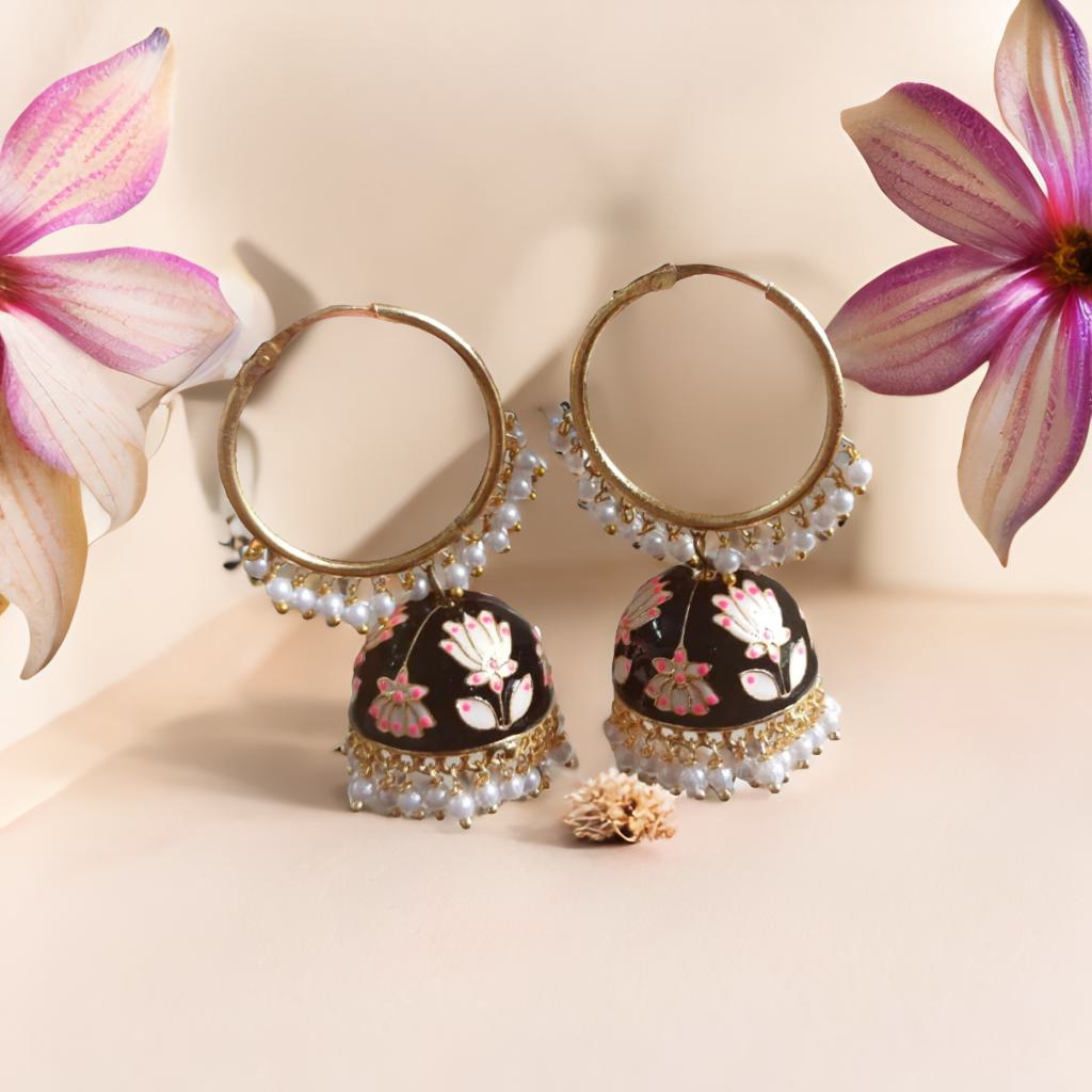 Meenakari hoop jhumkas - Black